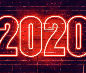 2020, Neon, Cegły, Mur, Nowy Rok
