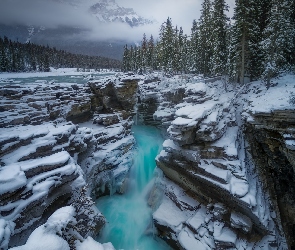Park Narodowy Jasper, Zima, Kanada, Rzeka Athabasca, Wodospad, Alberta, Skały