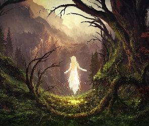 Las, Dziewczyna, Góry, Drzewa, Fantasy