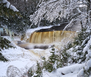 Tahquamenon Falls, Śnieg, Wodospad, Zima, Stany Zjednoczone, Hrabstwo Luce, Sople, Michigan, Drzewa