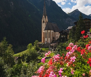 Góry Alpy, Karyntia, Kościół św. Wincentego, Austria, Heiligenblut, Domy, Lasy, Drzewa, Kwiaty