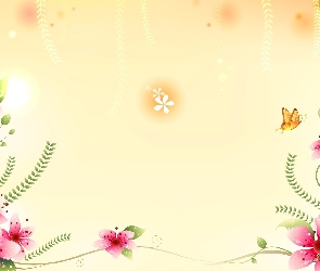 Kwiaty, 2D, Motyl, Żółte tło, Płatki
