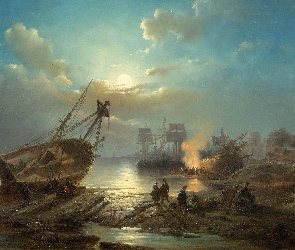 Malarstwo, Ludzie, Żaglowce, Domy, Mgła, Jezioro, Obraz, Henri Adolphe Schaep, Wschód słońca