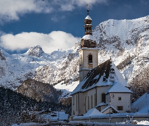 Niemcy, Drzewa, Ośnieżone, Zima, Góry Alpy, Kościół św. Sebastiana, Bawaria, Park Narodowy Berchtesgaden, Ramsau bei Berchtesgaden