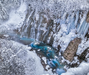 Rośliny, Sople, Zima, Skały, Drzewa, Japonia, Wodospad, Hokkaido, Ośnieżone, Shirahige Waterfall, Kamienie