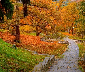 Jesień, Chodnik, Latarnie, Park, Drzewa