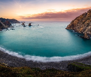 Skały, Zachód słońca, Morze, Hiszpania, Playa del Silencio, Plaża, Asturia, Góry