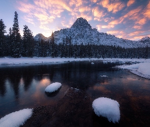 Prowincja Alberta, Drzewa, Park Narodowy Banff, Kanada, Zima, Rzeka, Las, Bow River, Góry