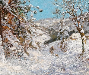 Alois Arnegger, Droga, Drzewa, Domy, Zima, Malarstwo, Myśliwy, Pies, Obraz, Las