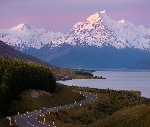 Góry, Alpy Południowe, Nowa Zelandia, Jezioro Pukaki, Droga Park Narodowy Góry Cooka, Góra Cooka