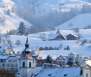 Domy, Śnieg, Zima, Drzewa, Wieża, Ratusz, Zegar, Góry