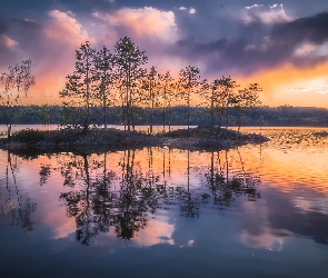 Norwegia, Ringerike, Wysepki, Jezioro, Drzewa, Zachód słońca