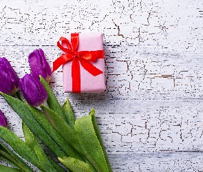Tulipany, Drewno, Popękane, Prezent, Fioletowe