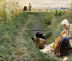 Malarstwo, Obraz, Pole, Kobieta, Ognisko, Anders Zorn