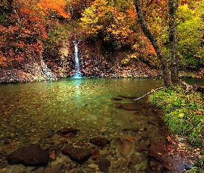 Jesień, Wodospad, Drzewa, Mały, Rzeka