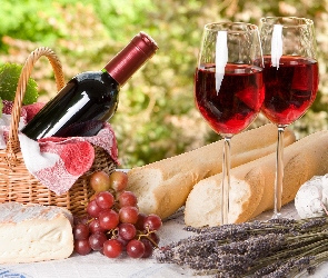 Koszyk, Kieliszki, Piknik, Butelka, Lawenda, Wino, Bagietki, Winogrona