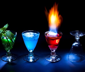 Kieliszki, Cztery, Drinki, Kolorowe, Lód, Ogień