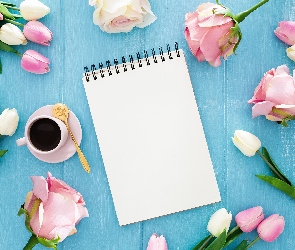 Kwiaty, Tulipany, Kawa, Produkty, Deski, Notes, Kolorowe, Łyżeczka, Róże