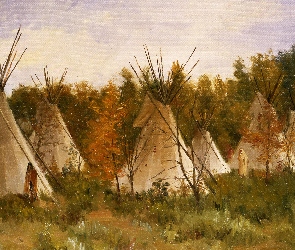 Tipi, Osada, Obraz, Malarstwo, Joseph Henry Sharp, Indiańska