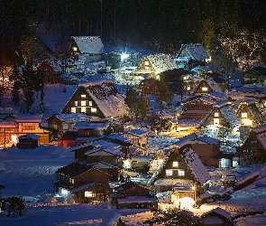 Oświetlone, Zima, Japonia, Wieś Shirakawa, Prefektura Gifu, Honsiu, Domy