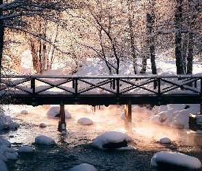 Most, Kamienie, Rzeka Tarpianjoki, Zima, Finlandia, Haihunkoski, Drzewa, Viiala, Śnieg