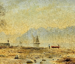 Malarstwo, Brzeg, Góry, Kamienie, Jezioro, Żaglówki, Obraz, Peder Monsted, Wędkarz