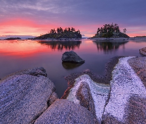 Skały, Kamień, Wschód słońca, Wysepki, Karelia, Drzewa, Rosja, Jezioro Ładoga