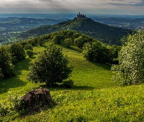 Zamek Hohenzollern, Góra Hohenzollern, Niemcy, Chmury, Wzgórze, Badenia-Wirtembergia, Drzewa