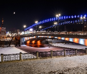Omsk, Rosja, Światła, Zima, Rzeka Om, Most, Noc