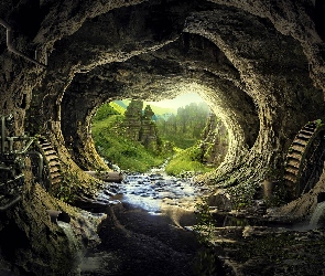 Skały, Fantasy, Strumyk, Grota, Jaskinia