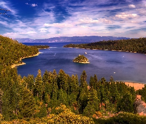 Wyspa Fannette, Jezioro Tahoe, Stany Zjednoczone, Lasy, Drzewa, Kalifornia, Park Emerald Bay