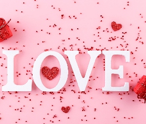 Tło, Różowe, Prezent, Serduszka, Napis, Love