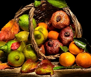 Owoce, Koszyk, Liście, Granaty, Mandarynki, Cytryny