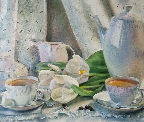 Akwarela, Filiżanki, Tulipany, Kawa, Dzbanek, Kwiaty, Malarstwo, Obraz, Lyubov Titova