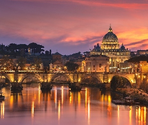 Watykan, Włochy, Zachód słońca, Most Ponte Umbert, Bazylika Świętego Piotra, Światła, Rzeka Tyber