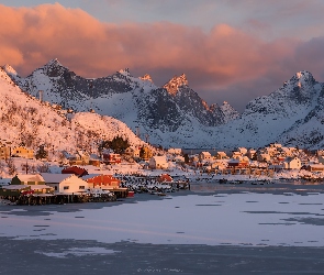 Zima, Góry, Norwegia, Reine, Domy, Lofoty, Wioska