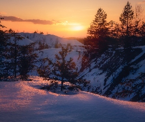 Wzgórza, Zachód słońca, Śnieg, Drzewa, Zima