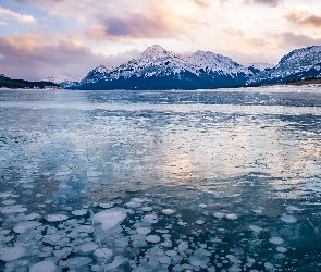 Kanada, Alberta, Zamarznięte, Góry, Jezioro Abraham, Zachód słońca