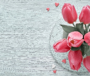 Różowe, Drewno, Serduszka, Tulipany