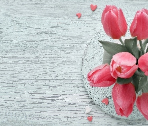 Drewno, Serduszka, Różowe, Tulipany