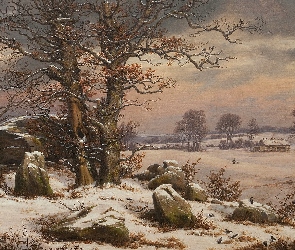 Pies, Ptaki, Pole, Mężczyzna, Johan Christian Clausen Dahl, Obraz, Zima, Drzewa, Malarstwo, Kamienie