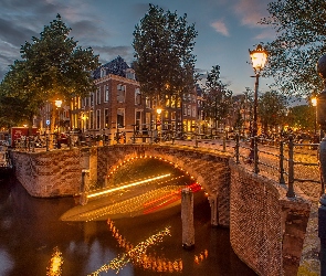 Amsterdam, Latarnia, Most, Holandia, Kanał, Domy, Rzeka