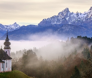 Góry, Bawaria, Sanktuarium Maria Gern, Niemcy, Berchtesgaden, Mgła, Alpy Salzburskie, Kościół, Drzewa