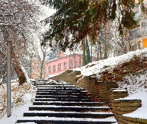 Drzewa, Domy, Śnieg, Latarnia, Schody, Zima, Park