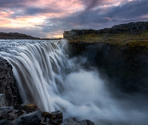 Chmury, Skały, Islandia, Wodospad Dettifoss