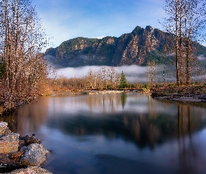 Rzeka, Stan Waszyngton, Bezlistne, Stany Zjednoczone, Drzewa, Jesień, Lazy River, Góra, Mount Si