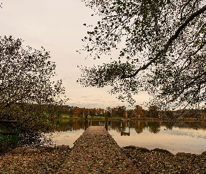 Kanton Zurych, Liście, Jezioro Katzensee, Szwajcaria, Pomost, Jesień, Drzewa