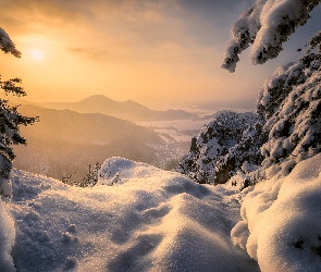 Zima, Zachód słońca, Śnieg, Drzewa, Góry