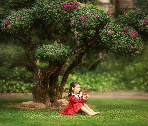 Dziewczynka, Trawa, Kwiaty, Drzewo