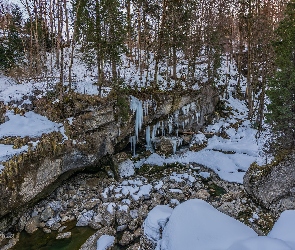 Zima, Las, Kamienie, Sople, Śnieg, Skały